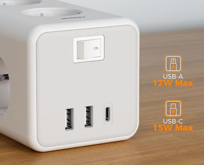 Prelungitor tip Turn Tessan TS-306TS-C, 6 prize, 2 USB, 1 USB-C, 3A, cablu 2m [5]