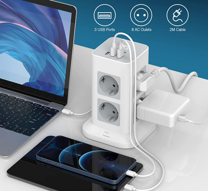 Prelungitor tip Turn Tessan TPS03, 8 prize, 3 USB 3A, cablu 2m, protectie la suprasarcina [6]