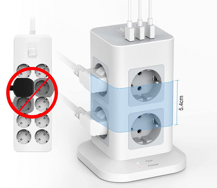 Prelungitor tip Turn Tessan TPS03, 8 prize, 3 USB 3A, cablu 2m, protectie la suprasarcina [4]