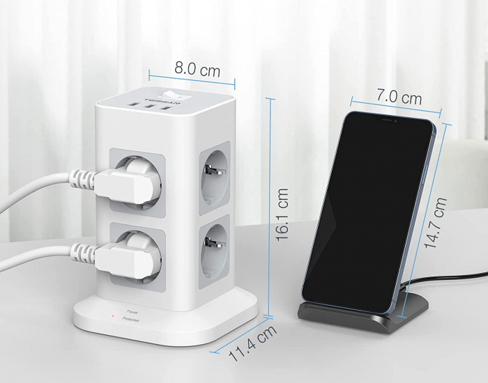 Prelungitor tip Turn Tessan TPS03, 8 prize, 3 USB 3A, cablu 2m, protectie la suprasarcina [3]