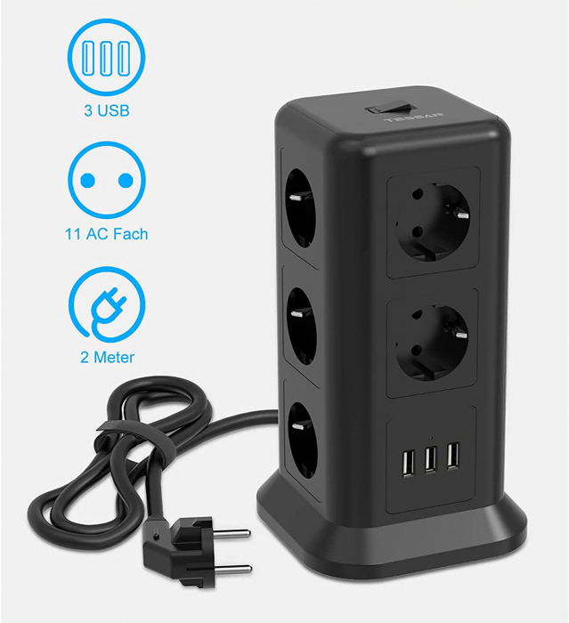 Prelungitor tip Turn Tessan TPS01, 11 prize, 3 USB 3.1A, cablu 2m, protectie la suprasarcina - Negru [3]