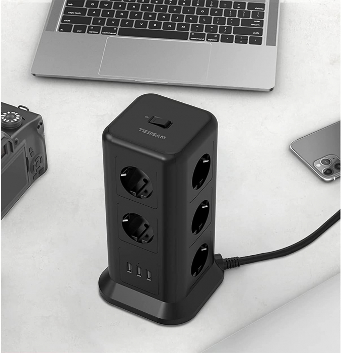 Prelungitor tip Turn Tessan TPS01, 11 prize, 3 USB 3.1A, cablu 2m, protectie la suprasarcina - Negru [4]