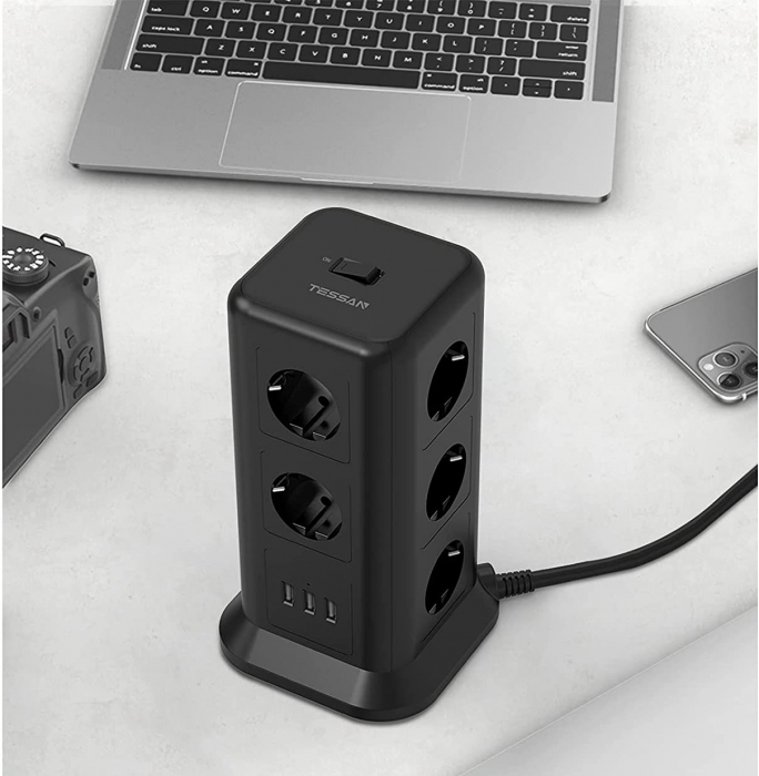 Prelungitor tip Turn Tessan TPS01, 11 prize, 3 USB 3.1A, cablu 2m, protectie la suprasarcina - Negru [2]