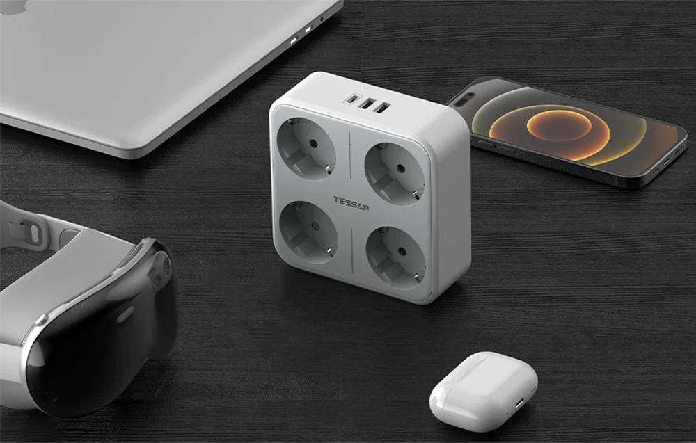 Adaptor priza Tessan TS-302-DE-C, 4 prize, 2 X USB-A, 1X USB-C, 10A [2]