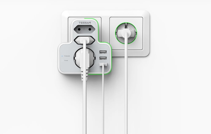 Priza Multipla Tessan TS-327, 3 Prize, 3 Porturi USB, 240 V, Alb ,3600W, 16A [3]