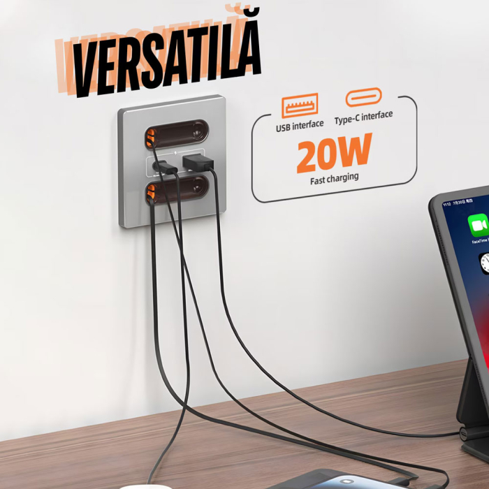 Priza de perete Rovo AAC, Incarcare Rapida 20W, Cabluri retractabile, USB-C si Lightning, Porturi USB-A si USB-C, 16A [6]