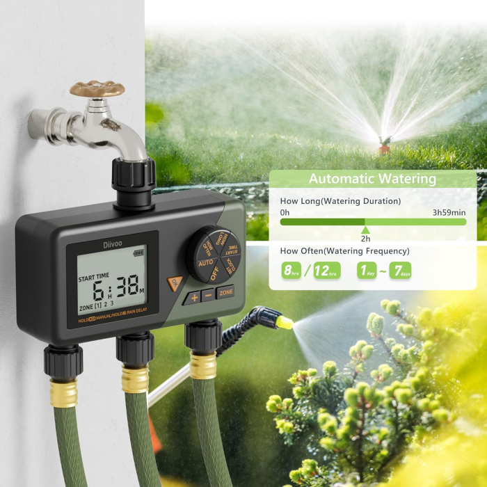 Programator automat pentru irigare Diivoo WT10M-GN, 3 zone, IP54, functie Rain Delay [4]