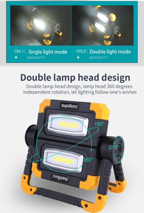 Proiector LED portabil SupFire G7, 20W, 1000lm, reincarcabil, COB, Acumulator 5000mAh [12]