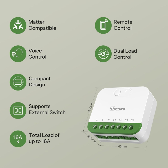 Releu Smart Sonoff MINI-2GS, Matter, Control aplicatie, 2 canale, 16A, WiFI, Alb [3]