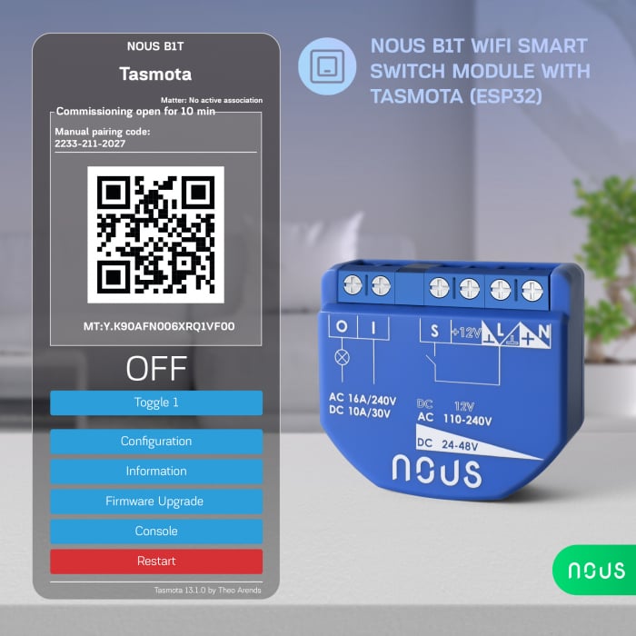 Releu wireless Nous B1T, 16A, Tasmota, Matter - 1 canal, ESP32 [2]