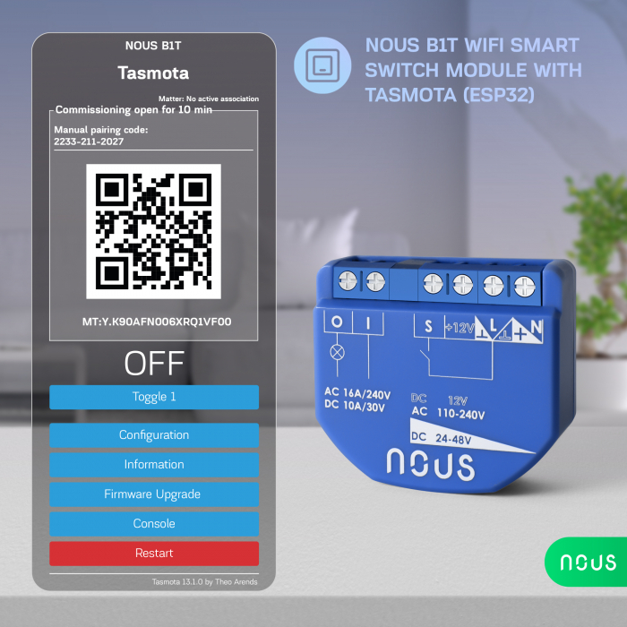 Releu wireless Nous B2T PM, 16A, Tasmota, Matter, Monitorizare energie - 1 canal, ESP32 [2]