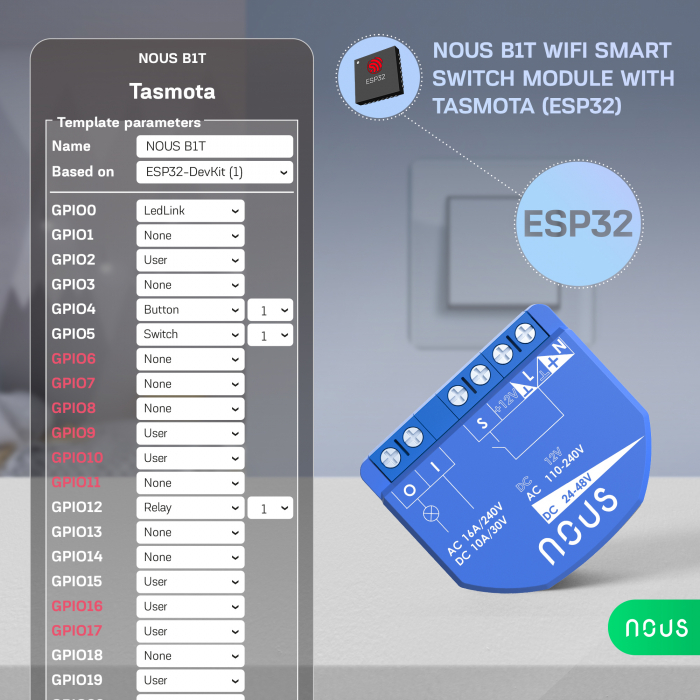 Releu wireless Nous B2T PM, 16A, Tasmota, Matter, Monitorizare energie - 1 canal, ESP32 [6]