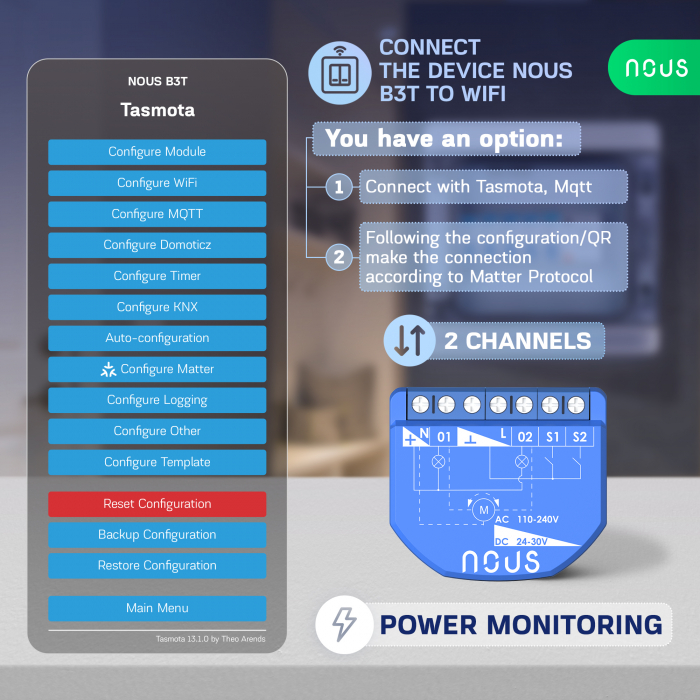 Releu wireless Nous B3T PM, 16A, Tasmota, Matter, Monitorizare energie,Modul Cortina - 2 canal, ESP32 [4]