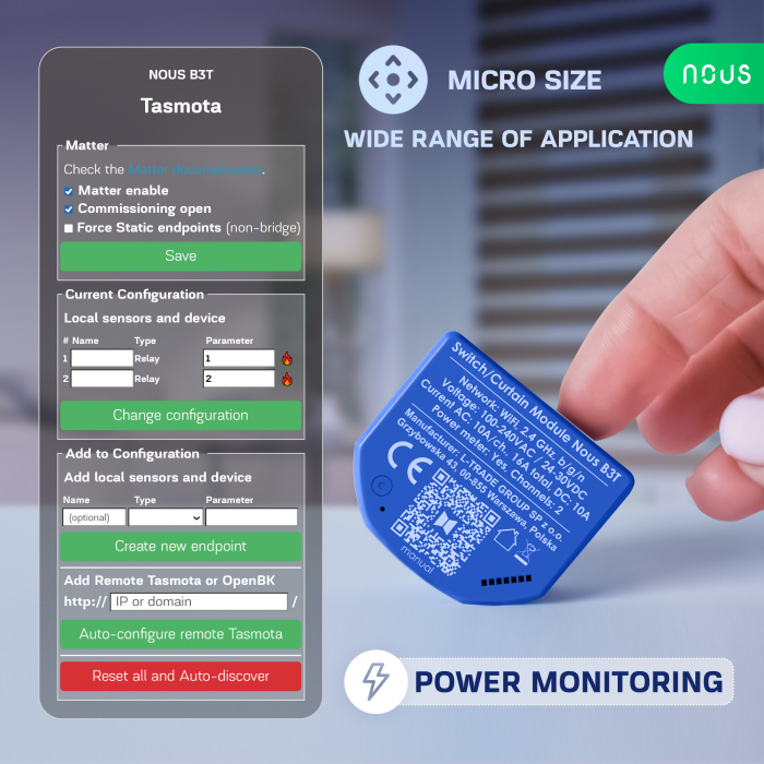 Releu wireless Nous B3T PM, 16A, Tasmota, Matter, Monitorizare energie,Modul Cortina - 2 canal, ESP32 [5]