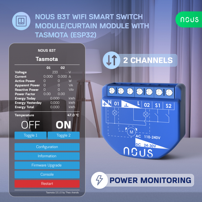 Releu wireless Nous B3T PM, 16A, Tasmota, Matter, Monitorizare energie,Modul Cortina - 2 canal, ESP32 [2]