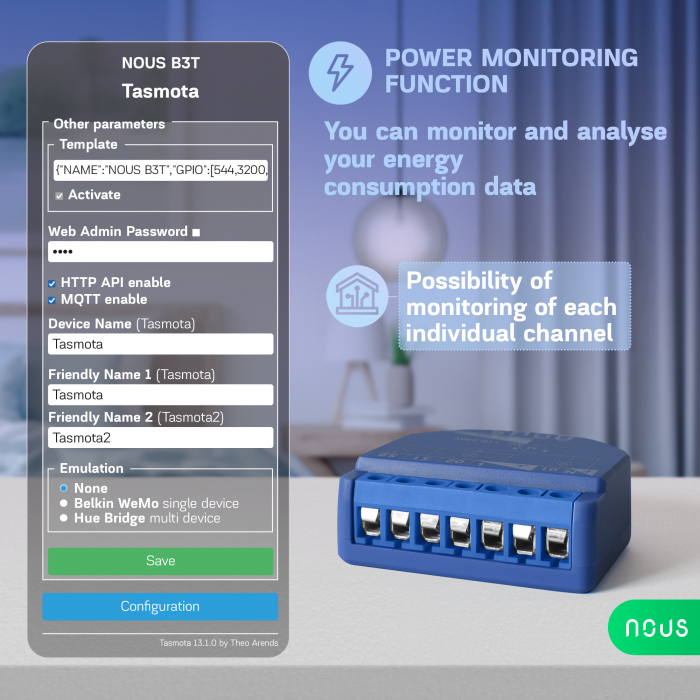 Releu wireless Nous B3T PM, 16A, Tasmota, Matter, Monitorizare energie,Modul Cortina - 2 canal, ESP32 [7]