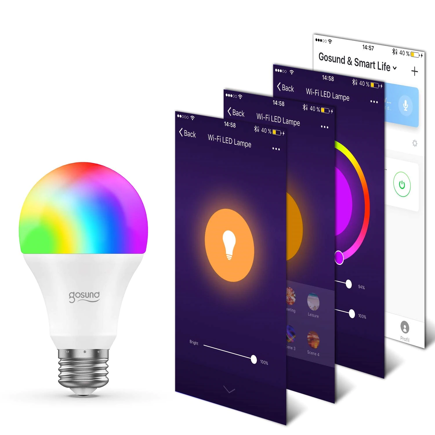 Set 2 becuri Inteligente LED RGB+W Gosund, 8W, 800lm, 2700K, E27, Smart Bulb WB4 [3]