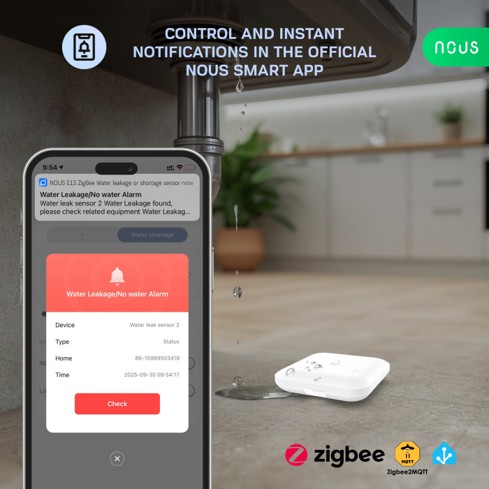 Senzor smart NOUS E13, Zigbee 3.0, detectie scurgeri si lipsa apa, alarma locala, notificari mobile, IP66, alimentare baterii [4]