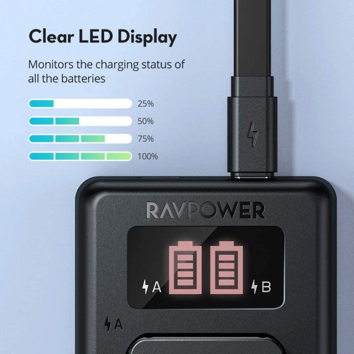 Set 2 acumulatori NP-FW50 cu incarcator RAVPower RP-PB056, pentru camere Sony NEX-3, NEX-3N, NEX-5, NEX-5C, NEX-5N, NEX-5R, NEX-5T, NEX-6, NEX-7 , NEX-C3, NEX-F3 [5]