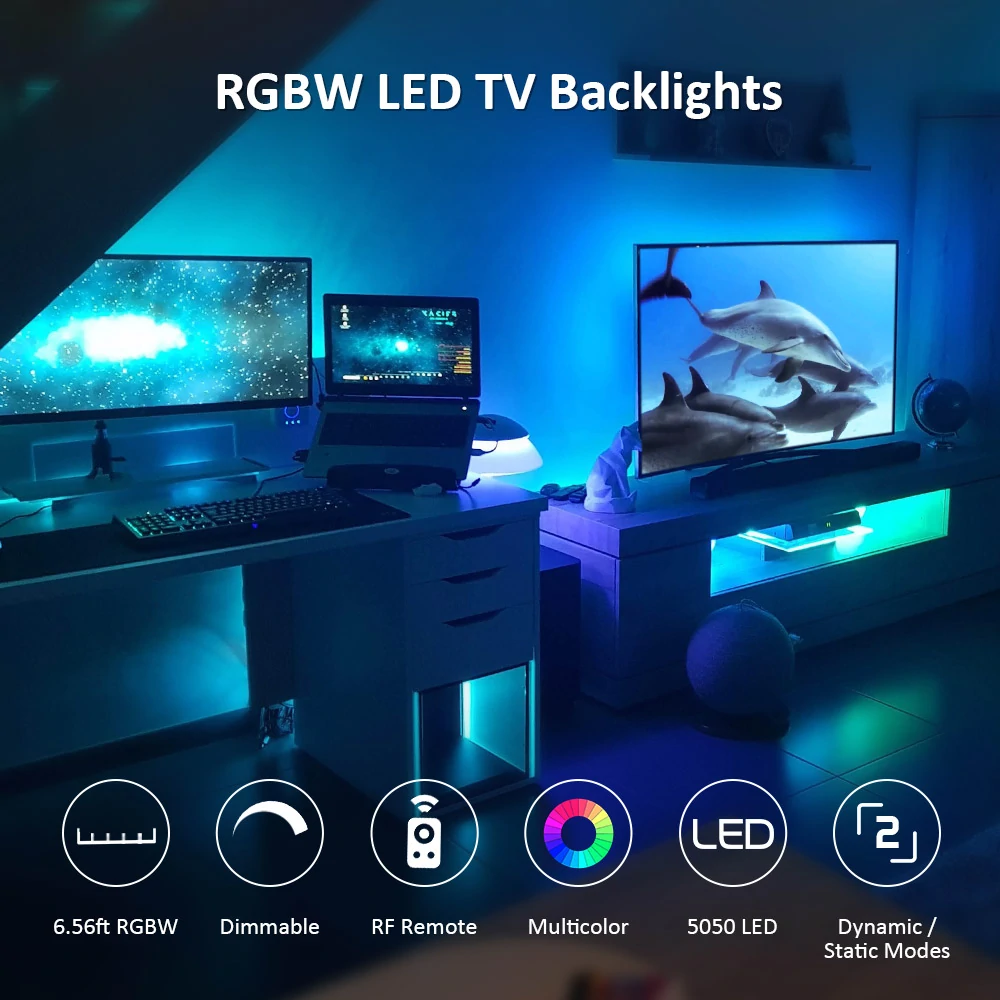 Banda LED TV RGBW Novostella, USB, Telecomanda, 2m,LED 5050, Lumina Alba 6000K, [8]
