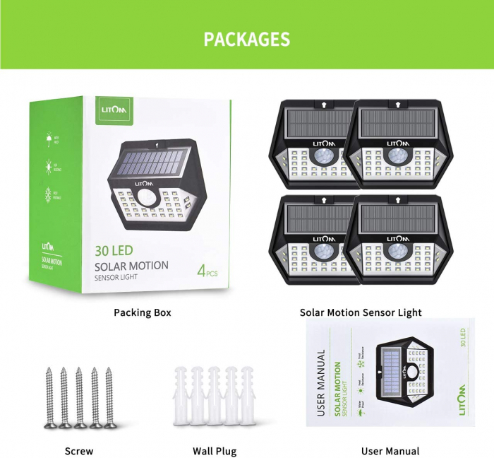 Set 4 lampi solare LITOM LTCD179, LED, 30 leduri, incarcare solara si senzor de miscare [5]