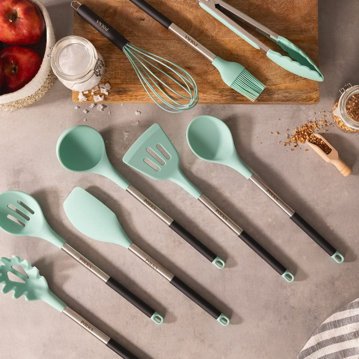 Set 9 ustensile Cecotec Polka Experience de bucatarie din silicon termorezistent , maner din Inox, albastru pastel [5]