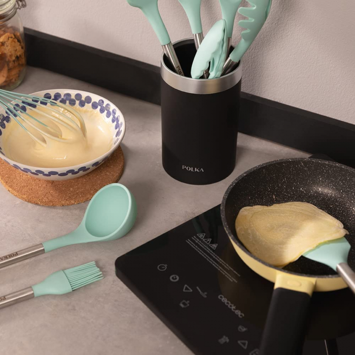 Set 9 ustensile Cecotec Polka Experience de bucatarie din silicon termorezistent , maner din Inox, albastru pastel [4]