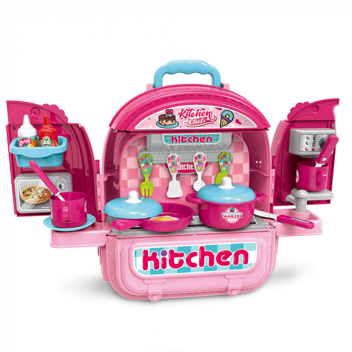 Set ghiozdan jucarie 3 in 1 Rovo 991, Bucatarie, Apartament Fetita, 86 piese, Roz [3]