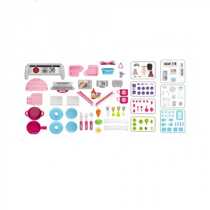 Set ghiozdan jucarie 3 in 1 Rovo 991, Bucatarie, Apartament Fetita, 86 piese, Roz [6]