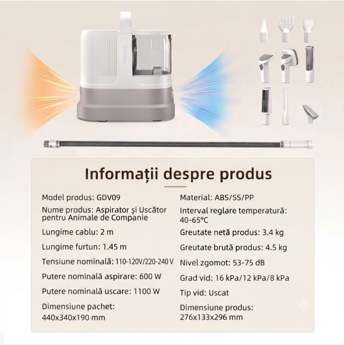 Masina De Tuns Animale cu Aspirare 9 in 1 Rovotec AllClean, Functie uscator, Caini, Pisici, Functie uscare, Aspirator animale si textile, 3 setari de aspirare [11]