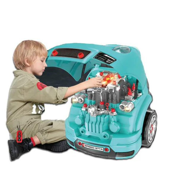 Set Reparatie Motor Auto Mecanic Rovo 977A, Sunete, Lumini, Telecomanda, Claxon, Schimbator viteze, 61 piese, 47cm [2]