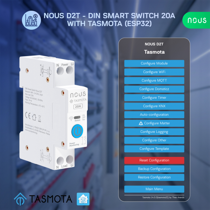 Siguranta inteligenta Nous D2T, 20A, Tasmota,  1 canal, Monitorizare energie, montare pe sina DIN, ESP32 [3]