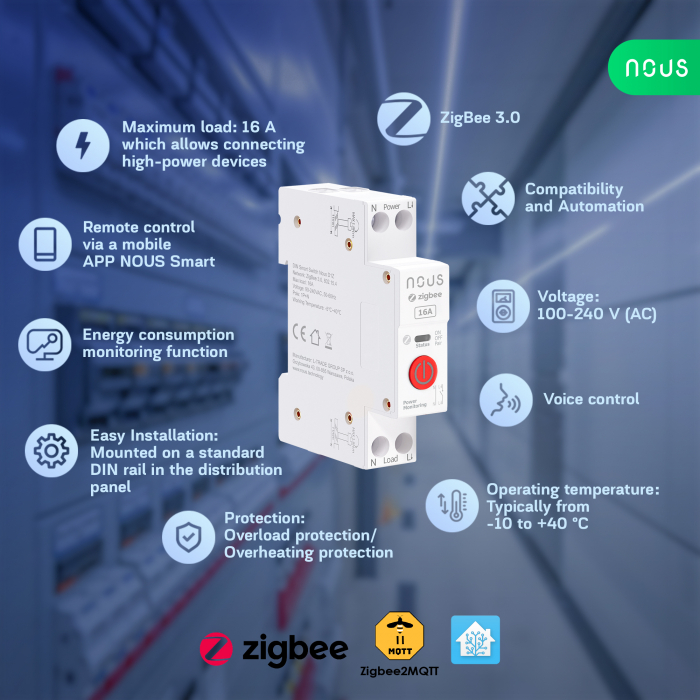 Siguranta inteligenta Nous D1Z, 16A, ZigBee,  1 canal, Monitorizare energie, montare pe sina DIN [3]
