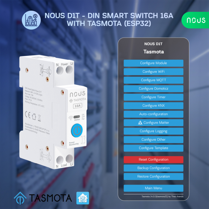 Siguranta inteligenta Nous D1T, 16A, Tasmota,  1 canal, Monitorizare energie, montare pe sina DIN, ESP32 [3]