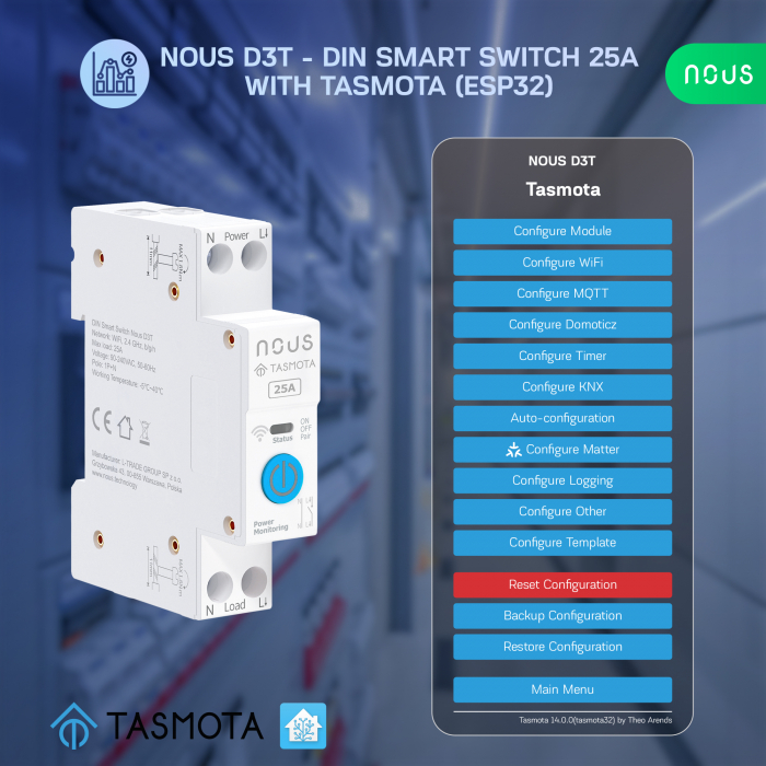 Siguranta inteligenta Nous D3T, 25A, Tasmota,  1 canal, Monitorizare energie, montare pe sina DIN, ESP32 [3]