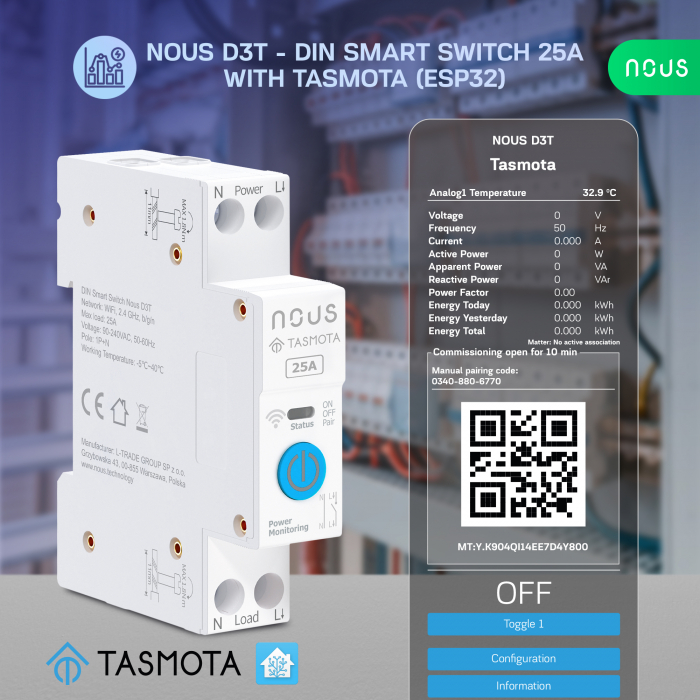 Siguranta inteligenta Nous D3T, 25A, Tasmota,  1 canal, Monitorizare energie, montare pe sina DIN, ESP32 [2]