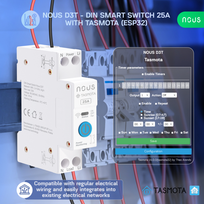 Siguranta inteligenta Nous D3T, 25A, Tasmota,  1 canal, Monitorizare energie, montare pe sina DIN, ESP32 [6]