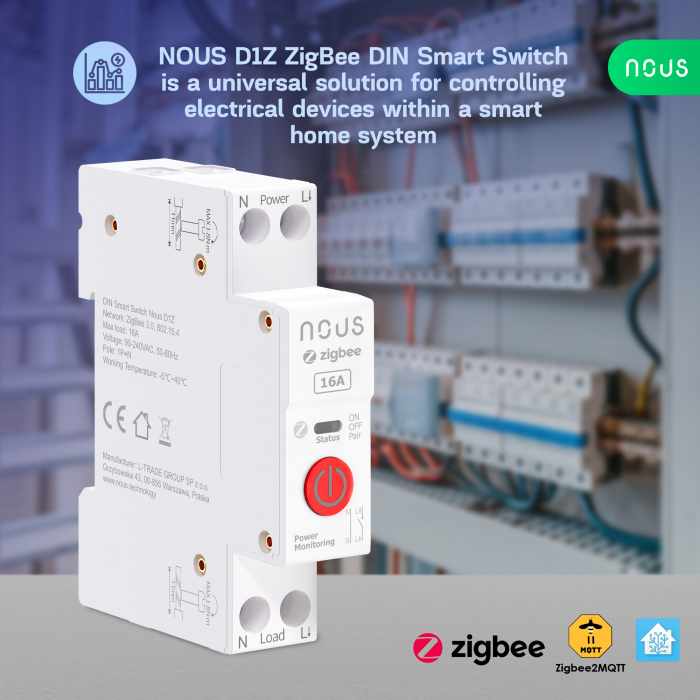 Siguranta inteligenta Nous D2Z, 20A, ZigBee,  1 canal, Monitorizare energie, montare pe sina DIN [2]