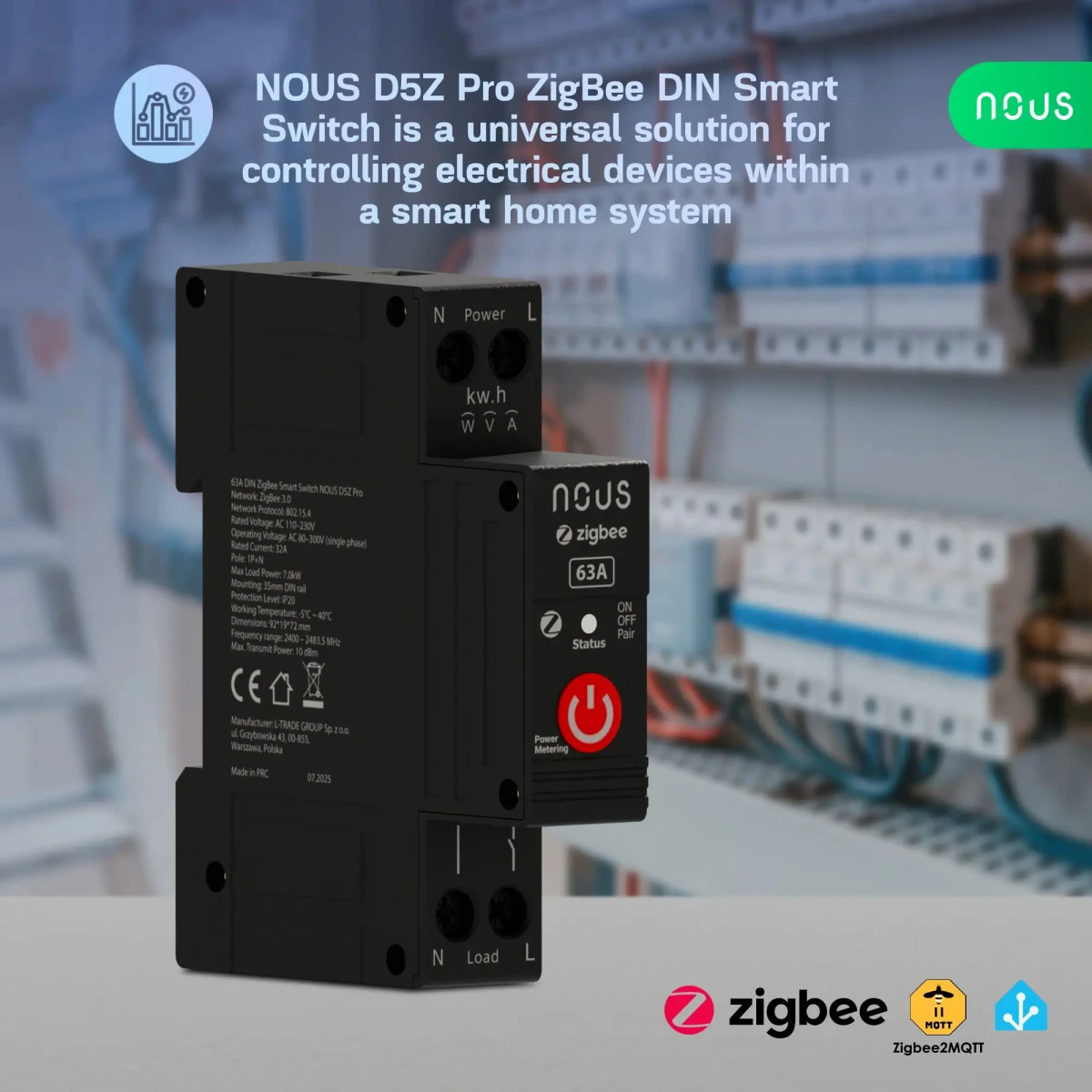 Siguranta Smart NOUS D5Z Pro, 32A Continuu, 63A Varf Scurt, Zigbee 3.0, 1 canal, Masurare Energie (W, kWh, V, A), montare pe sina DIN, Power Metering [2]