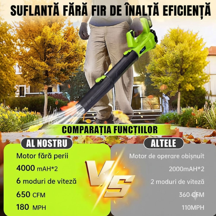 Suflanta pentru frunze cu acumulator Rovo BF811, 6 niveluri de viteza,  2 acumulatori, 21V, 4.0Ah, viteza 209 km/h, 650CFM [5]