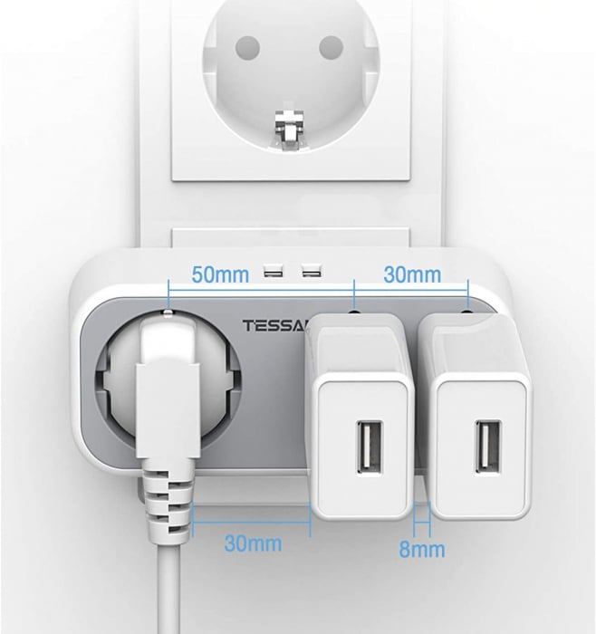 Triplu stecher cu USB Tessan TS-324, 16A, 2xUSB 2.4A [2]