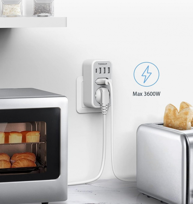 Priza Multipla Tessan TS-328, 2 Prize, 1 port USB-C, 3 Porturi USB, 240 V, Alb , 3600W [5]
