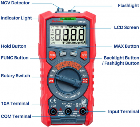 Multimetru digital AstroAI M4KOR, TRMS 4000, Ohmmetru, Voltmetru 1,5V / 9V / 12V, Masurare fara contact, Lanterna [2]