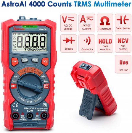 Multimetru digital AstroAI M4KOR, TRMS 4000, Ohmmetru, Voltmetru 1,5V / 9V / 12V, Masurare fara contact, Lanterna [1]