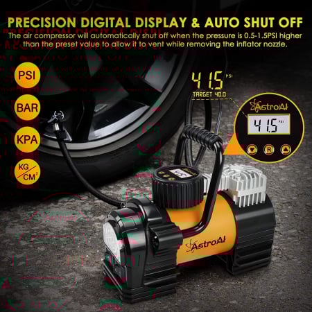 Compresor Auto Metalic AstroAI AC300Y 12V, 150PSI, Digital, Lumina de urgenta, Adaptoare incluse, geantra transport, Galben [7]