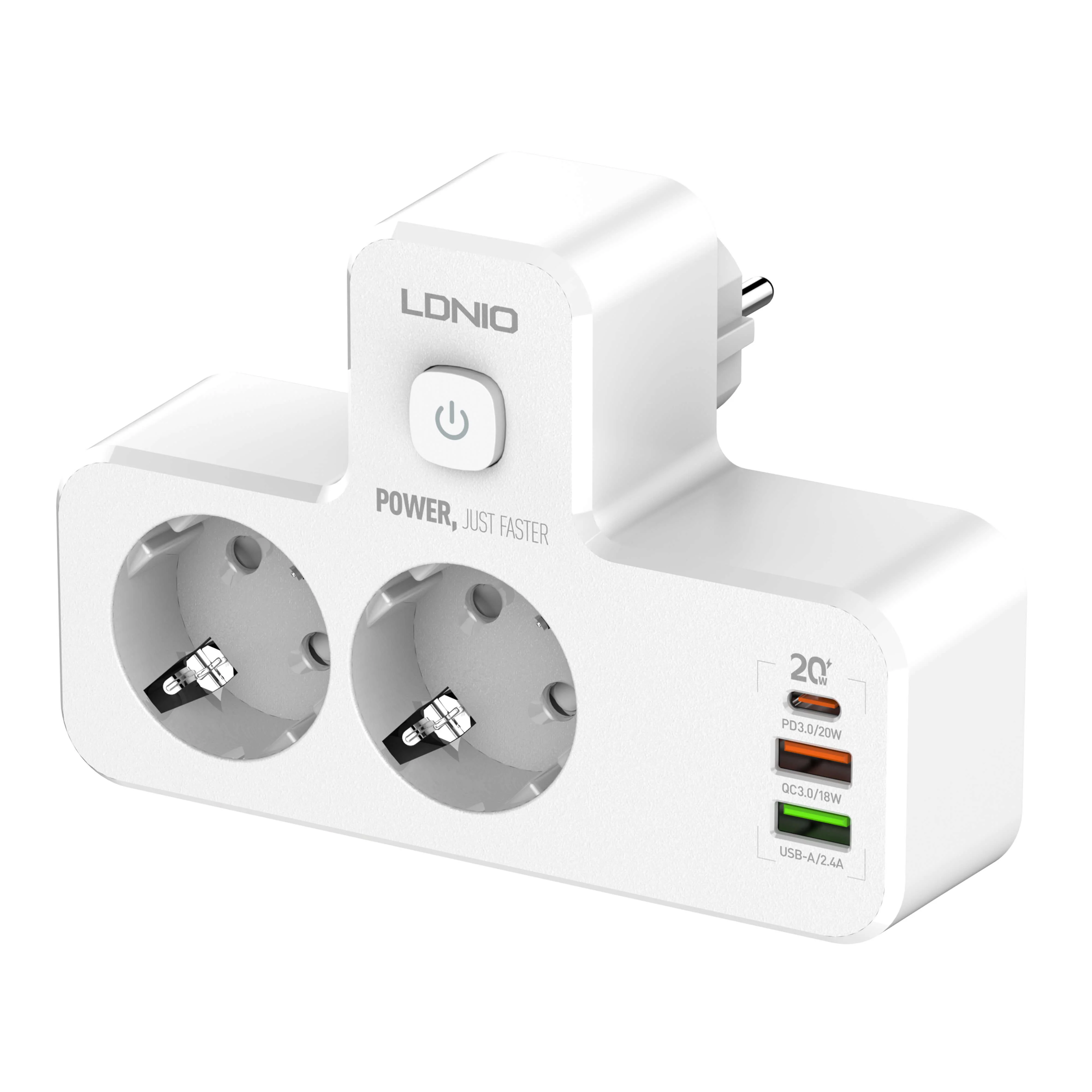 Prelungitoare - Adaptor priza LDNIO SE2337, 2 prize, 2 X USB-A, 1X USB-C, incarcare rapida QC 3.0, 10A