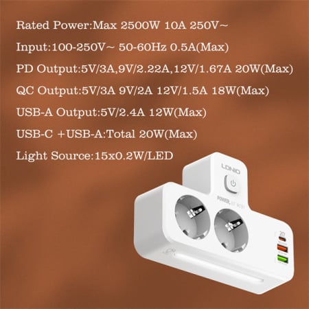Adaptor priza LDNIO SE2337, 2 prize, 2 X USB-A, 1X USB-C, incarcare rapida QC 3.0, 10A [6]