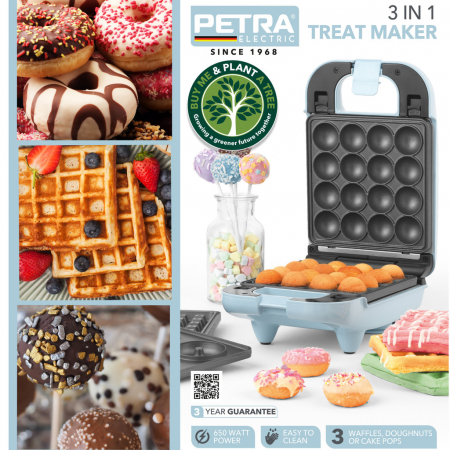 Aparat 3 in 1 Petra, vafe, briose, gogosi, placi antiaderente detasabile, 650W, albastru pastel [1]