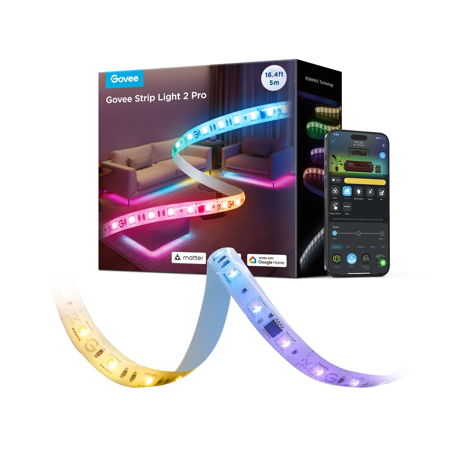 Produse Smart - Banda LED Govee H61F5 2 Pro, 5M, RGBWW, 60 LEDs/m,  Alexa, Google Asistant, Matter, Bluetooth, Wi-Fi