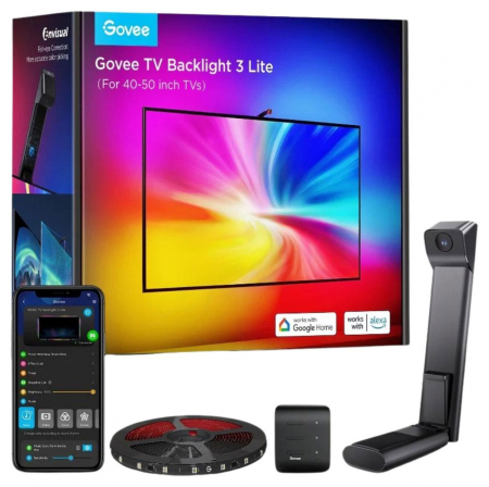 Electro zone - Banda LED Govee TV Backlight 3 Lite, H6097, Wi-Fi + Bluetooth, RGBICW, Camera, 40 50 inch, Fisheye Correction